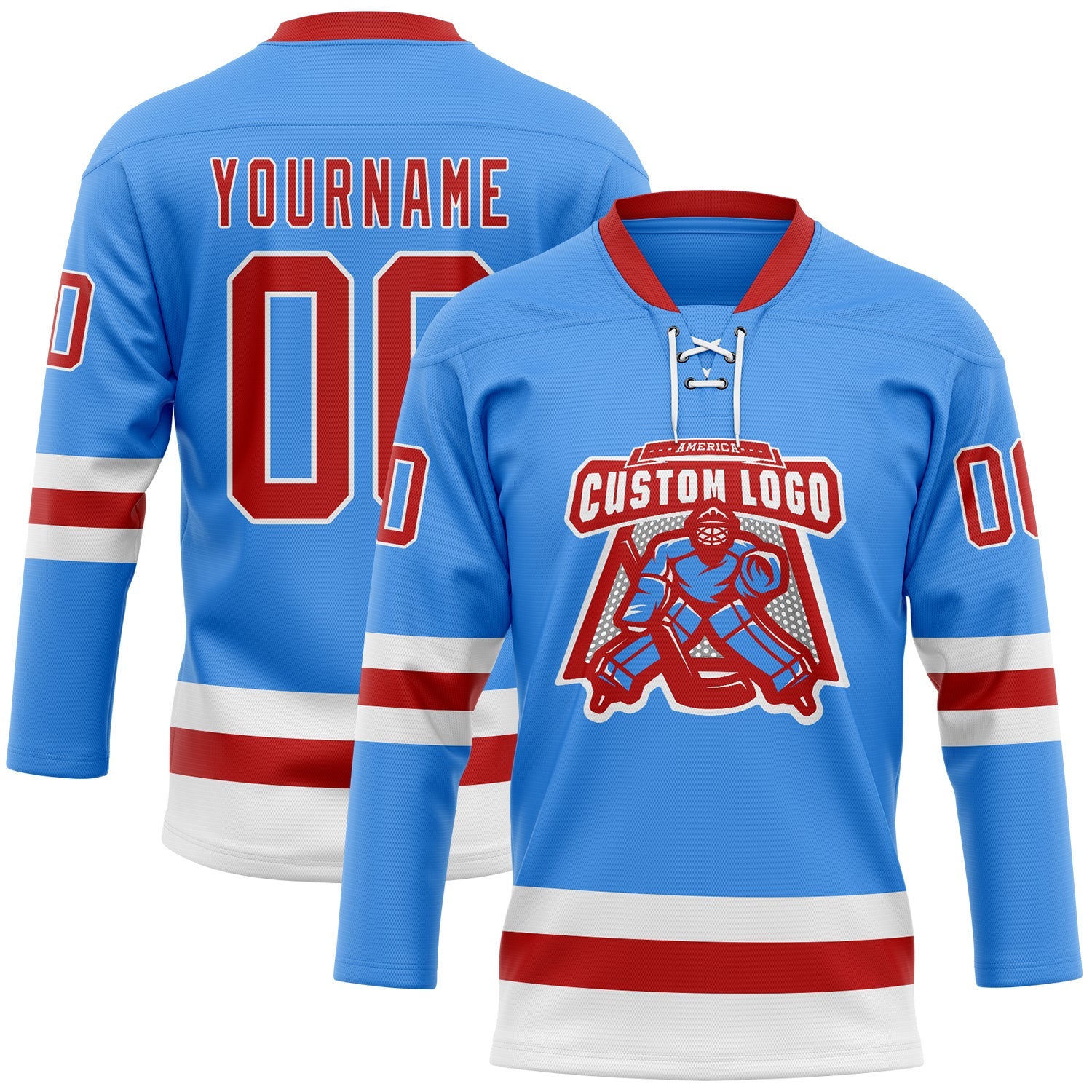 Custom Sky Blue Red-White Hockey Lace Neck Jersey view 2