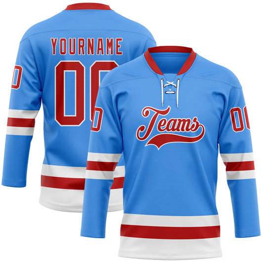 Custom Sky Blue Red-White Hockey Lace Neck Jersey - Main View