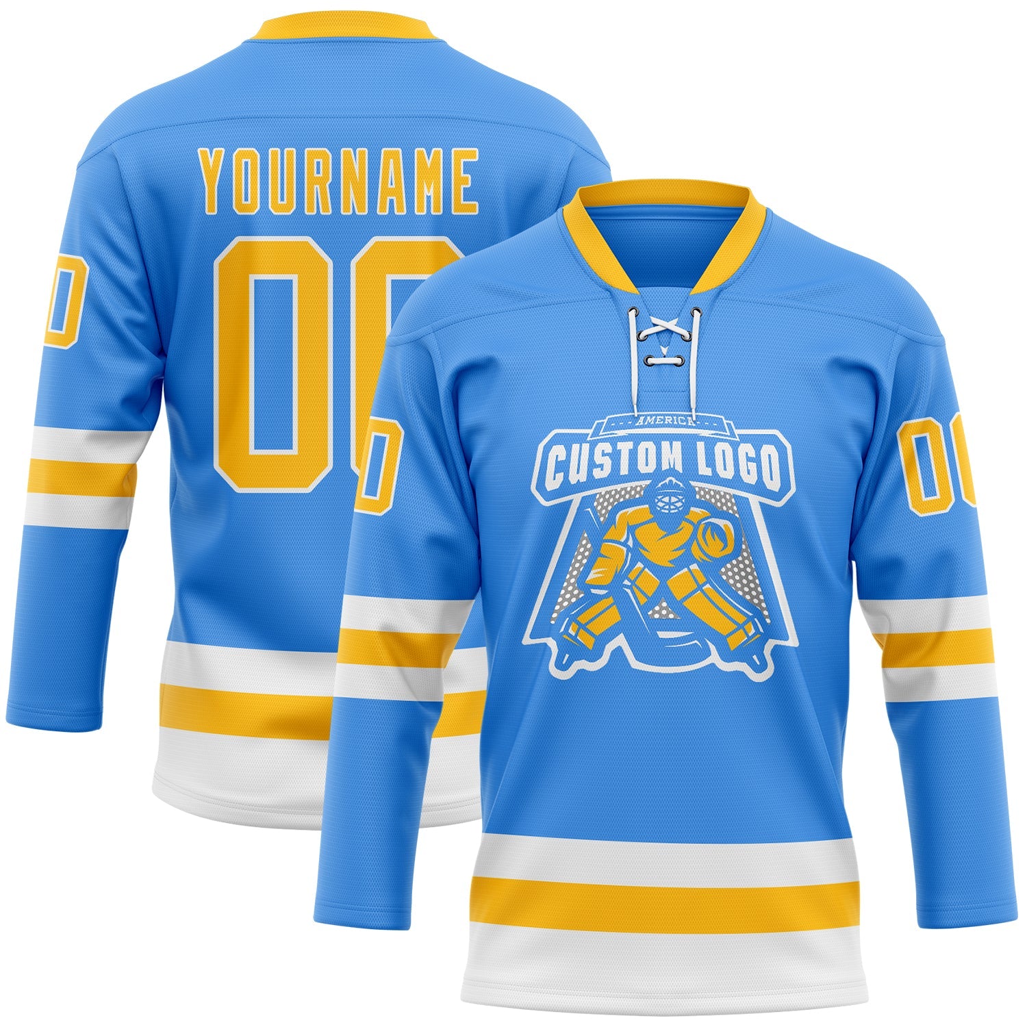 Custom Sky Blue Gold-White Hockey Lace Neck Jersey view 2