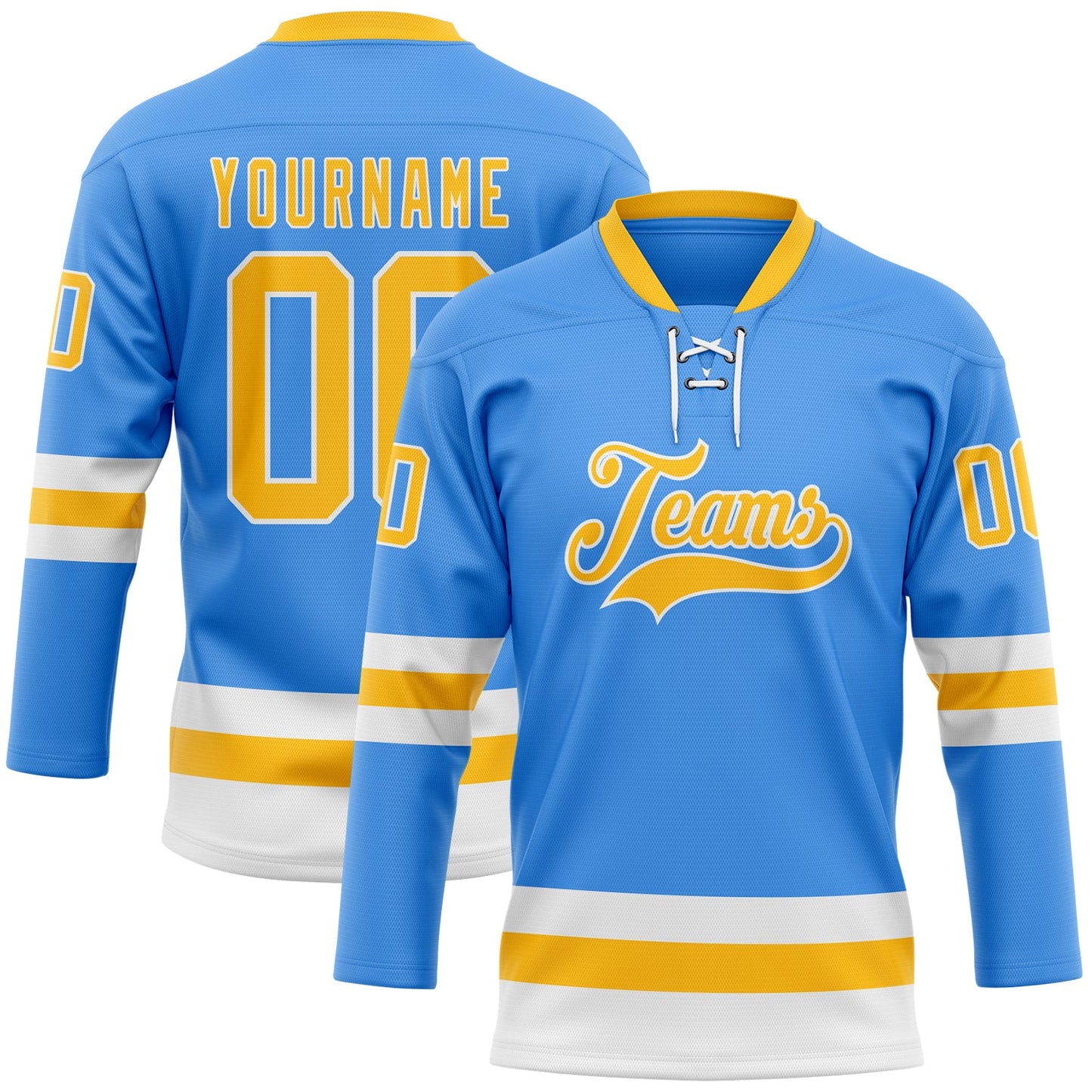 Custom Sky Blue Gold-White Hockey Lace Neck Jersey - Main View