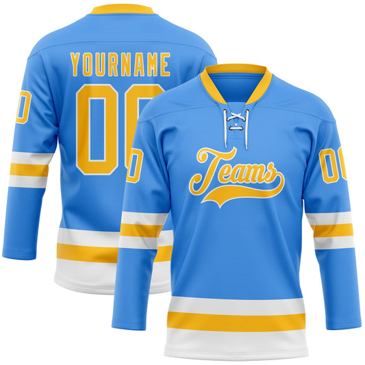 Custom Sky Blue Gold-White Hockey Lace Neck Jersey - Main View