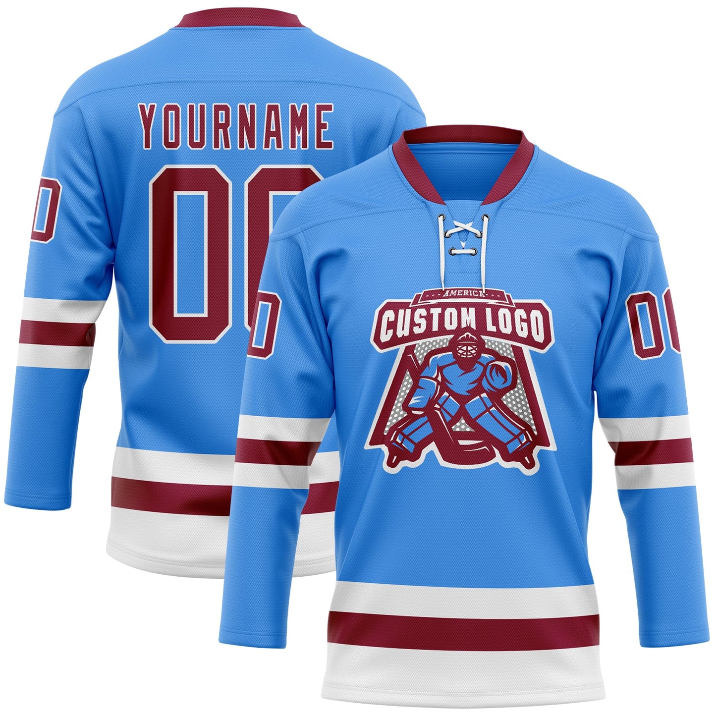 Custom Sky Blue Maroon-White Hockey Lace Neck Jersey view 2
