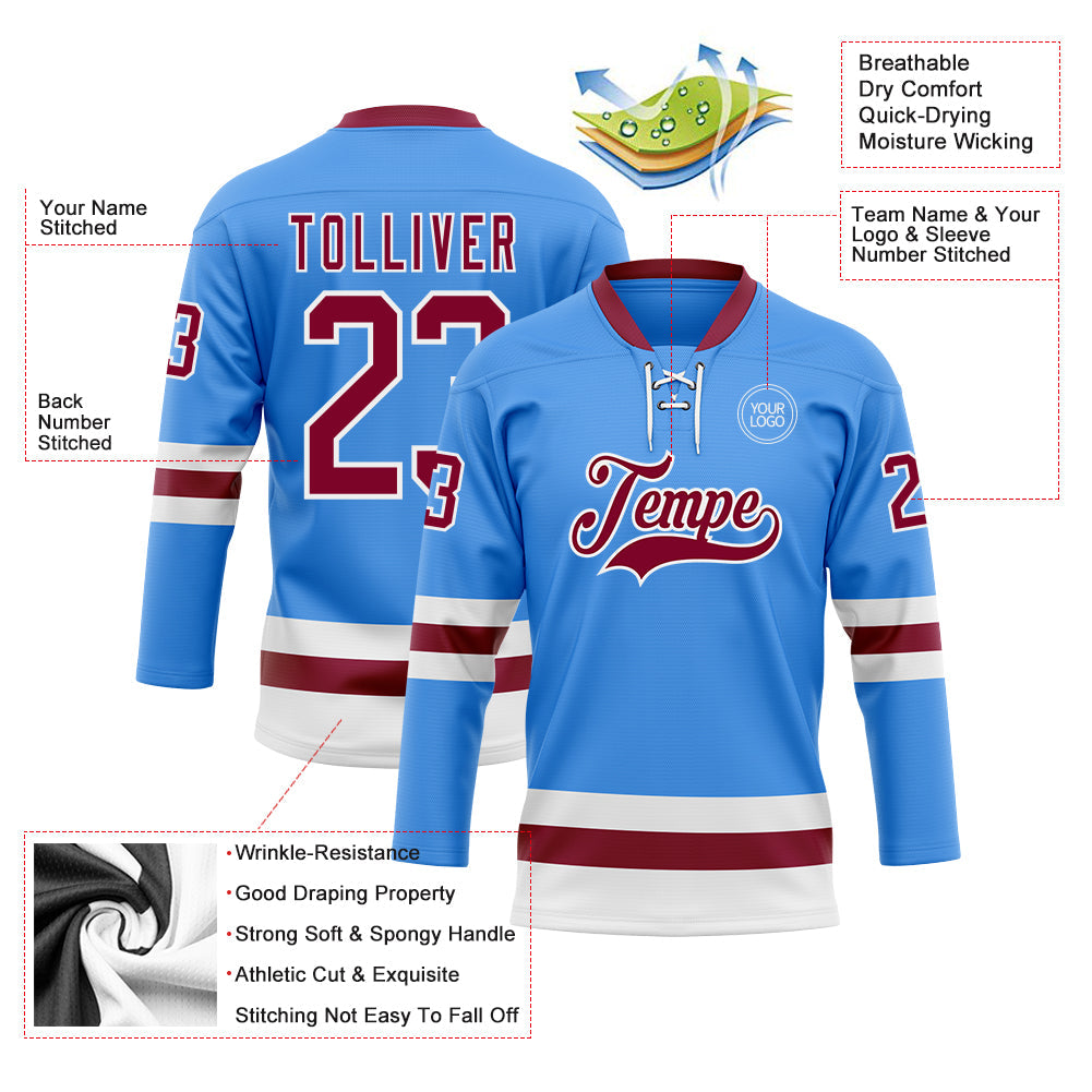 Custom Sky Blue Maroon-White Hockey Lace Neck Jersey view 3