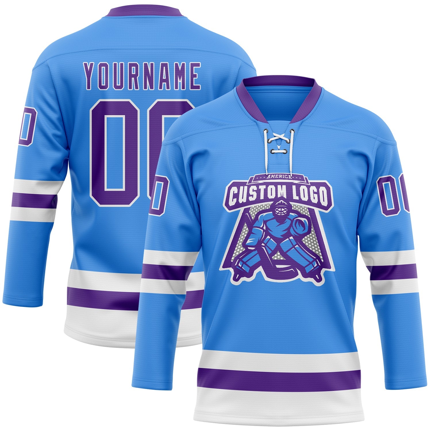 Custom Sky Blue Purple-White Hockey Lace Neck Jersey view 2