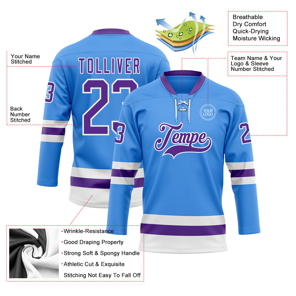 Custom Sky Blue Purple-White Hockey Lace Neck Jersey view 3