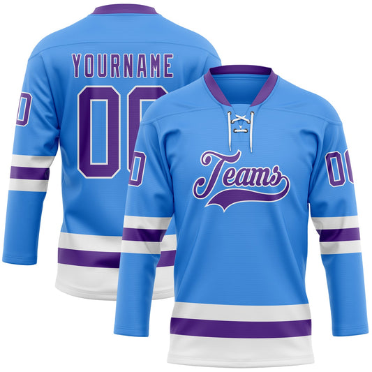 Custom Sky Blue Purple-White Hockey Lace Neck Jersey - Main View