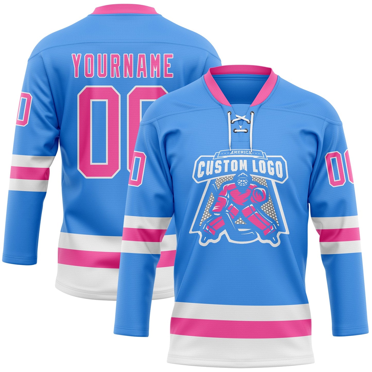 Custom Sky Blue Pink-White Hockey Lace Neck Jersey view 2