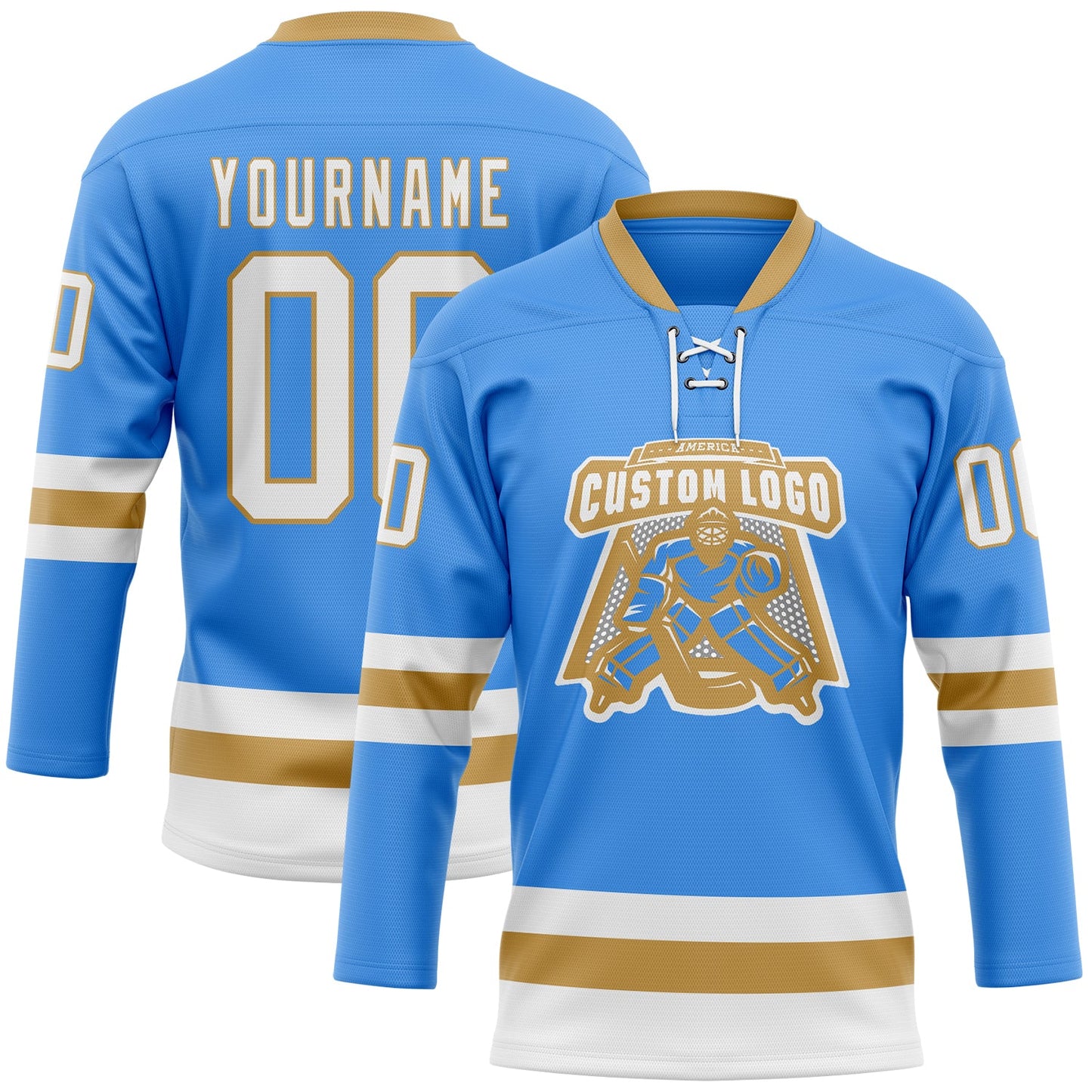 Custom Sky Blue White-Old Gold Hockey Lace Neck Jersey view 2