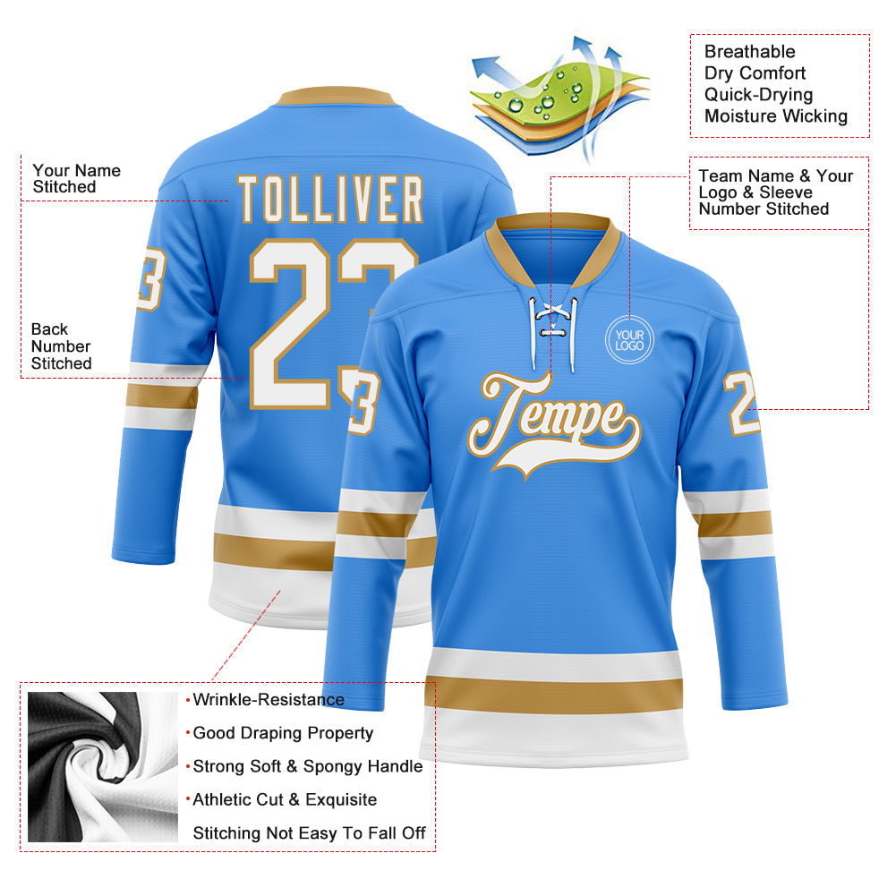 Custom Sky Blue White-Old Gold Hockey Lace Neck Jersey view 3