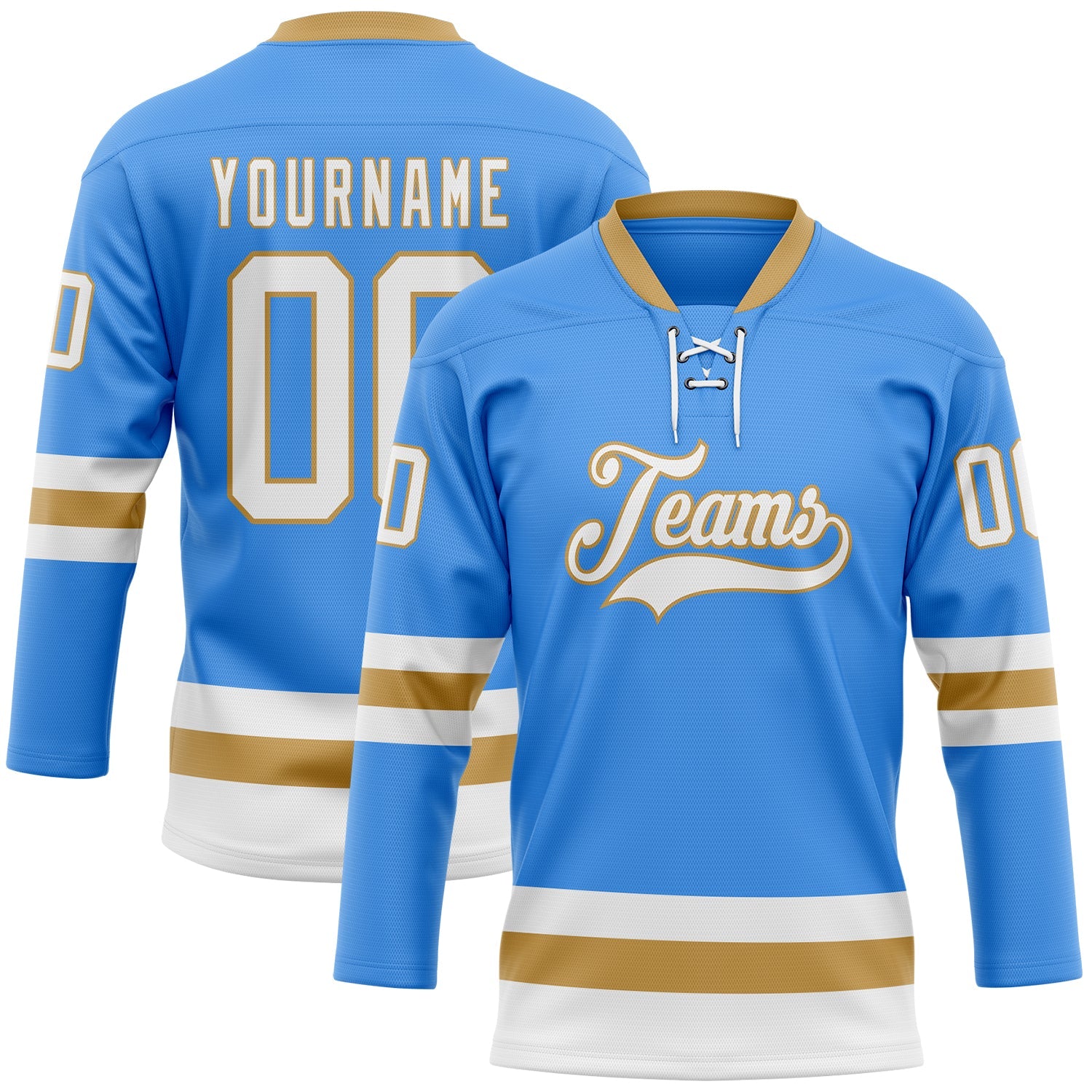 Custom Sky Blue White-Old Gold Hockey Lace Neck Jersey - Main View