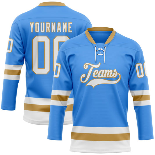 Custom Sky Blue White-Old Gold Hockey Lace Neck Jersey - Main View
