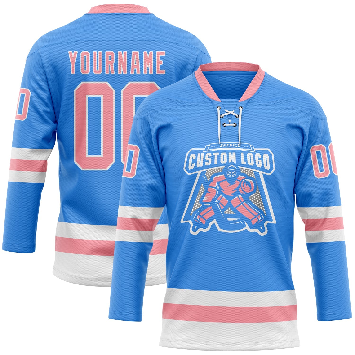Custom Sky Blue Medium Pink-White Hockey Lace Neck Jersey view 2