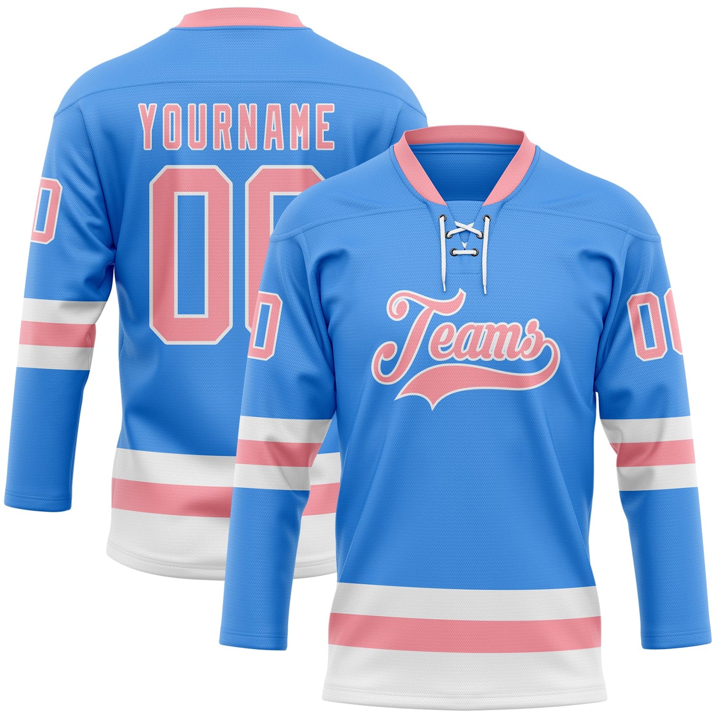 Custom Sky Blue Medium Pink-White Hockey Lace Neck Jersey - Main View