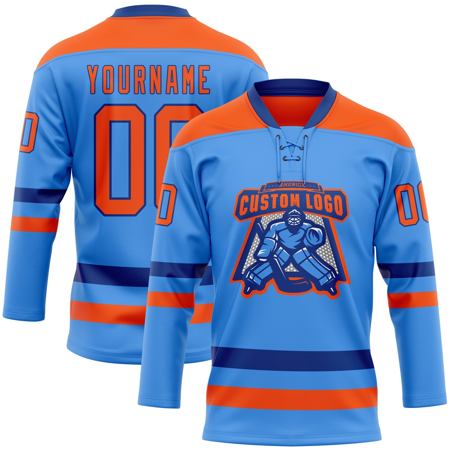 Custom Sky Blue Orange-Royal Hockey Lace Neck Jersey view 2