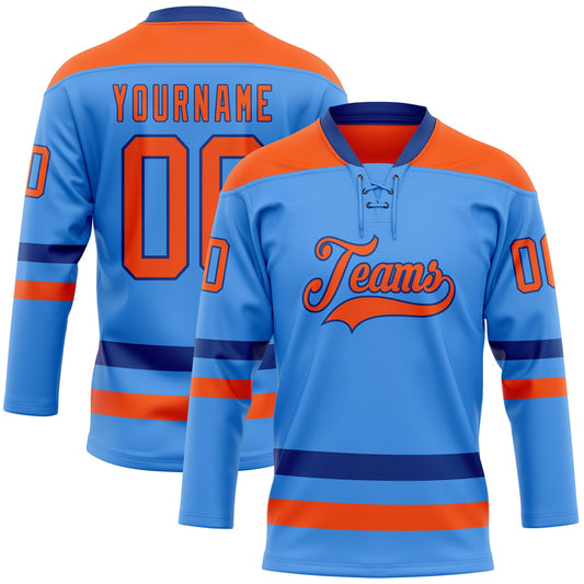 Custom Sky Blue Orange-Royal Hockey Lace Neck Jersey - Main View