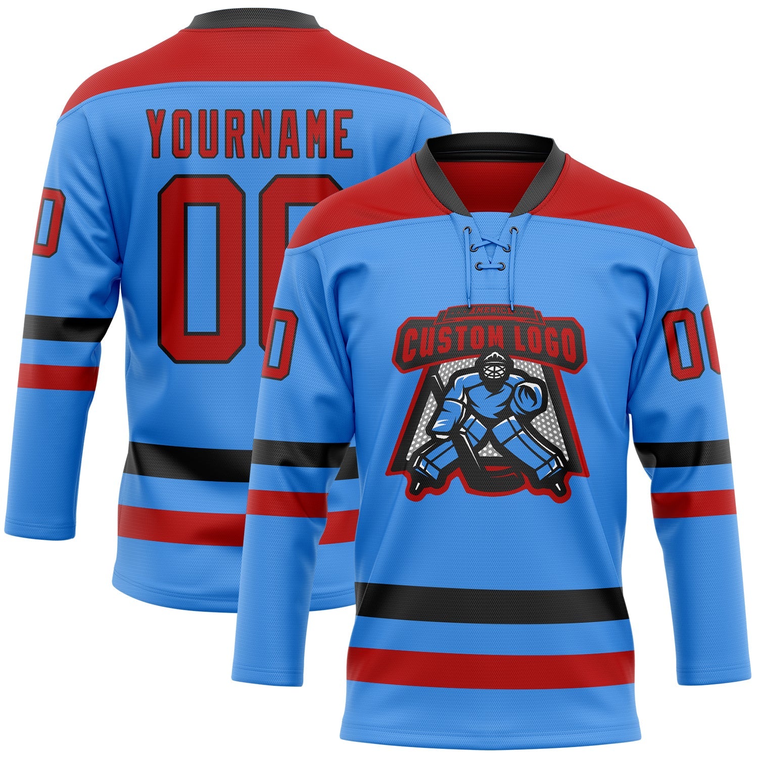 Custom Sky Blue Red-Black Hockey Lace Neck Jersey view 2