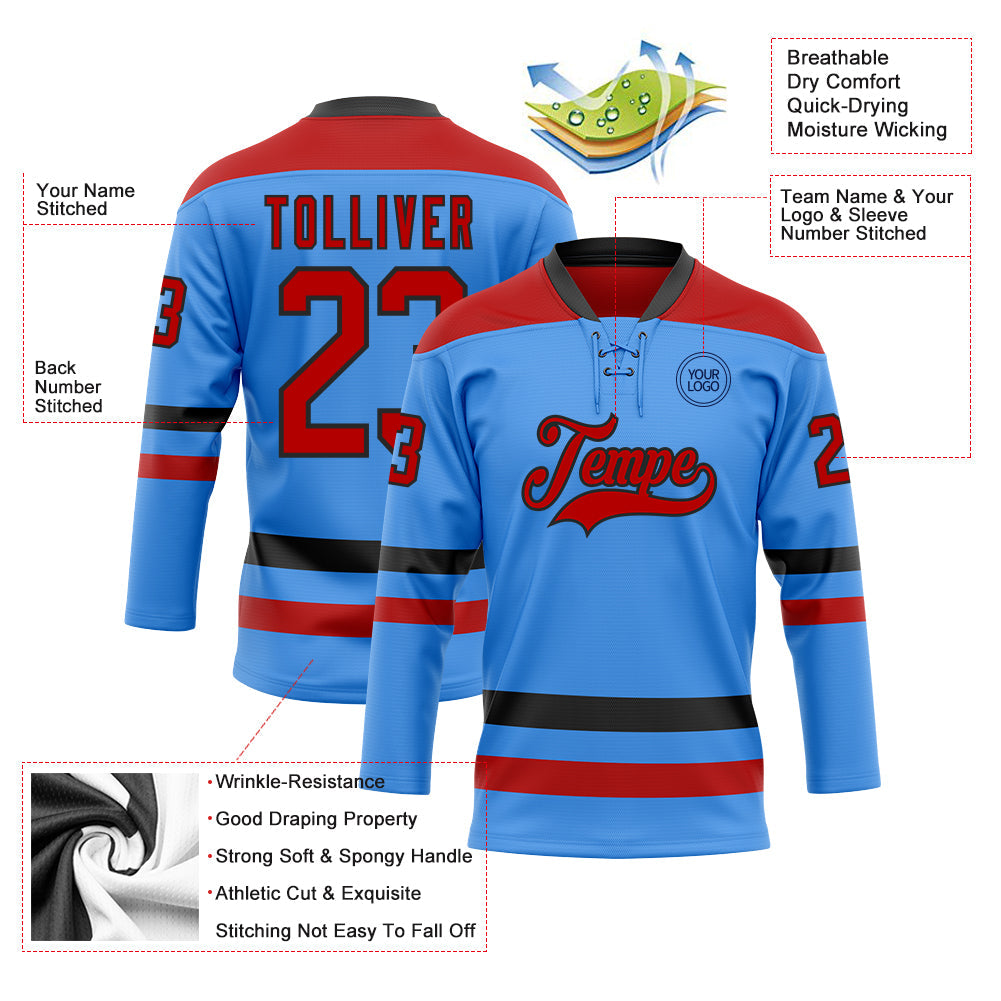 Custom Sky Blue Red-Black Hockey Lace Neck Jersey view 3