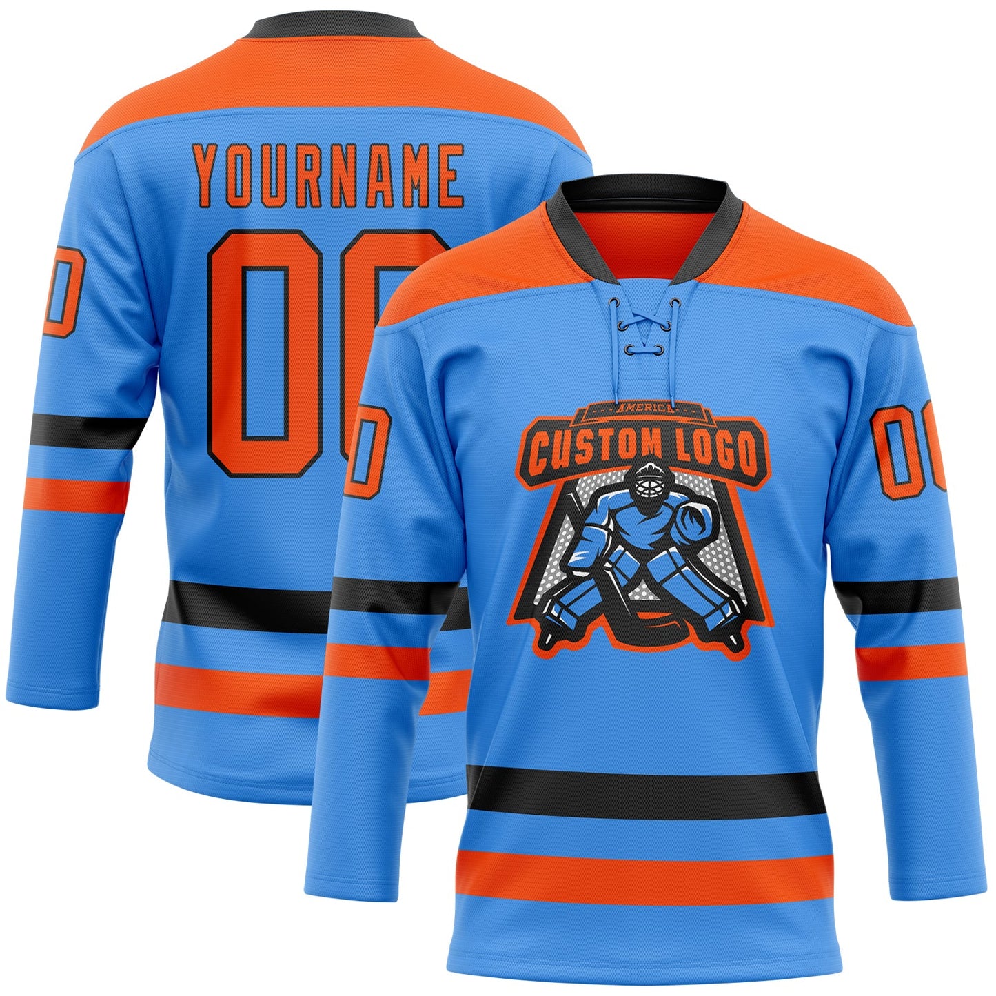 Custom Sky Blue Orange-Black Hockey Lace Neck Jersey view 2