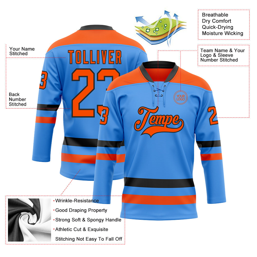 Custom Sky Blue Orange-Black Hockey Lace Neck Jersey view 3