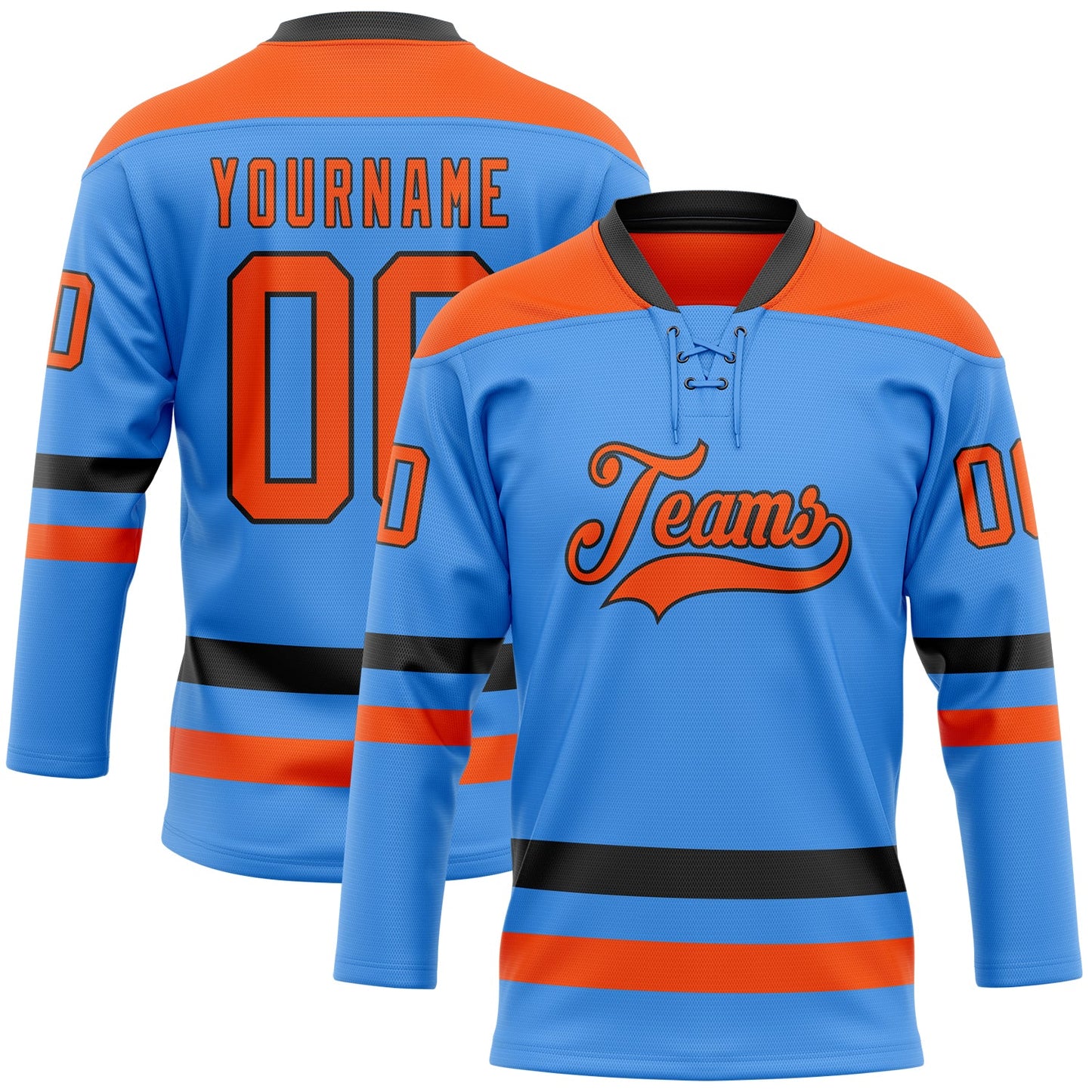 Custom Sky Blue Orange-Black Hockey Lace Neck Jersey - Main View