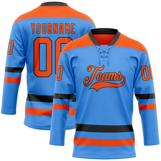 Custom Sky Blue Orange-Black Hockey Lace Neck Jersey - Main View