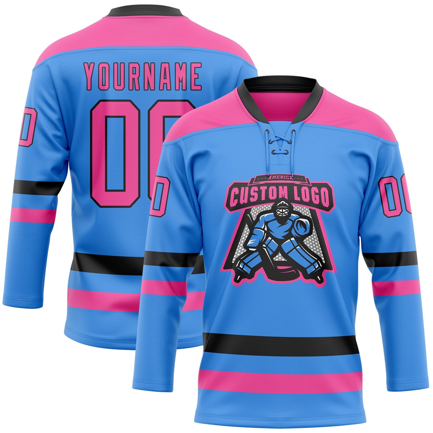 Custom Sky Blue Pink-Black Hockey Lace Neck Jersey view 2