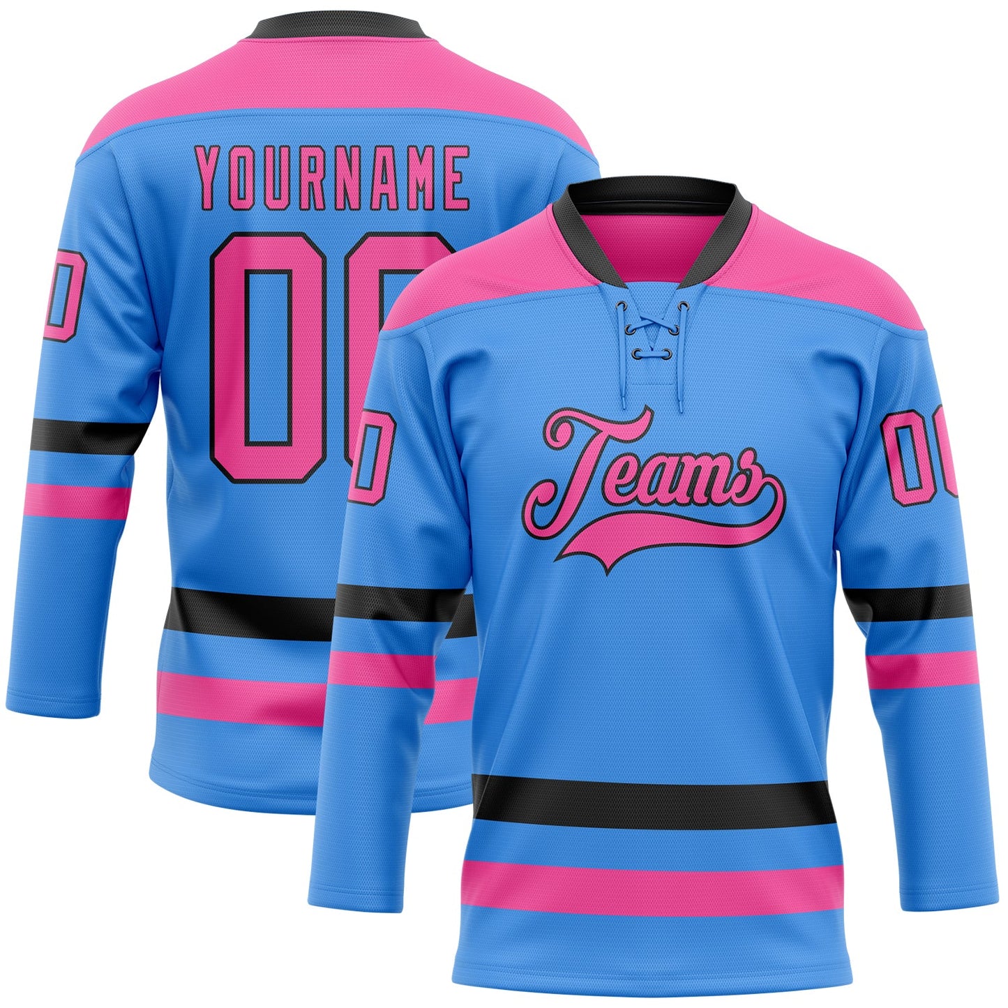 Custom Sky Blue Pink-Black Hockey Lace Neck Jersey - Main View