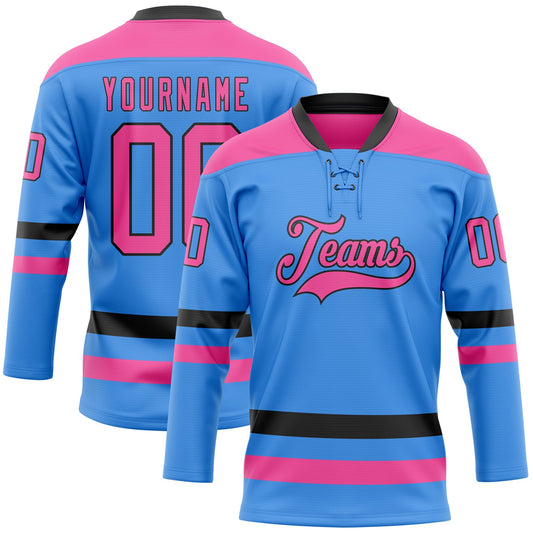 Custom Sky Blue Pink-Black Hockey Lace Neck Jersey - Main View