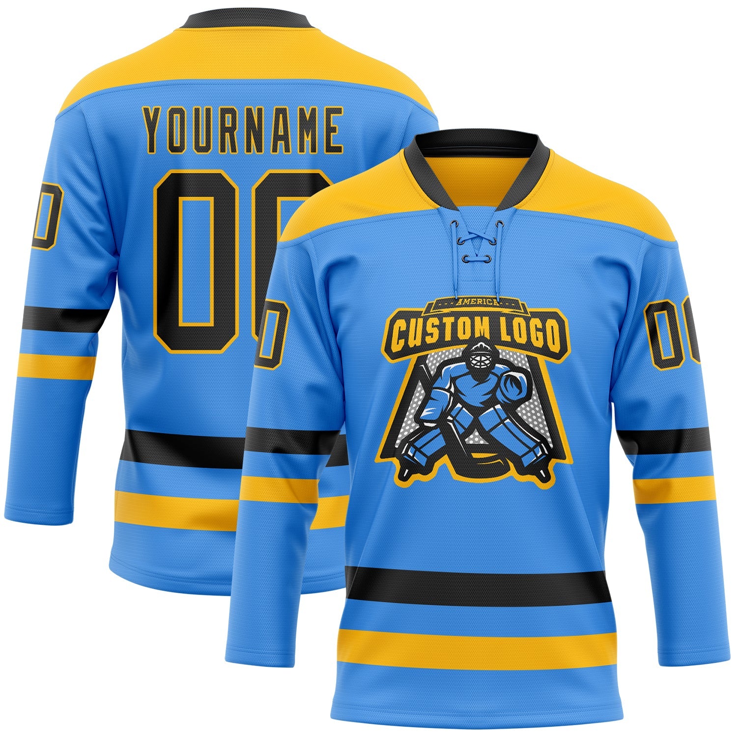 Custom Sky Blue Black-Gold Hockey Lace Neck Jersey view 2