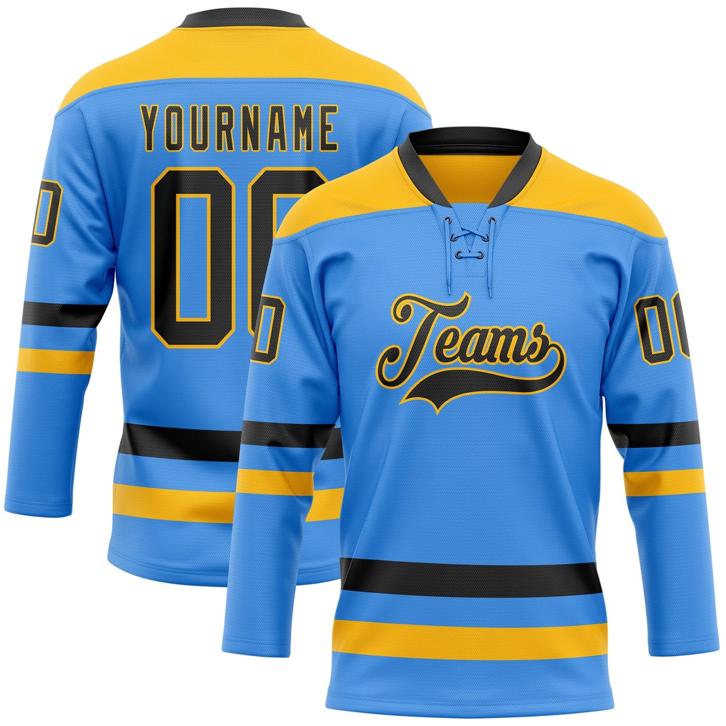 Custom Sky Blue Black-Gold Hockey Lace Neck Jersey - Main View
