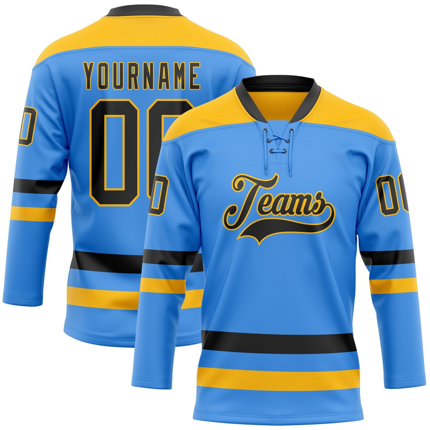 Custom Sky Blue Black-Gold Hockey Lace Neck Jersey - Main View
