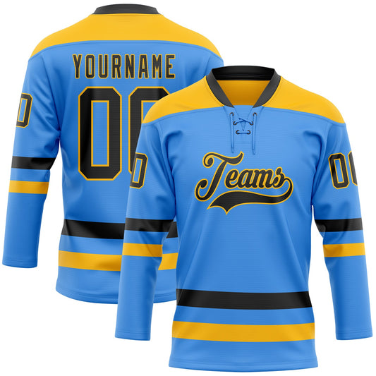 Custom Sky Blue Black-Gold Hockey Lace Neck Jersey - Main View