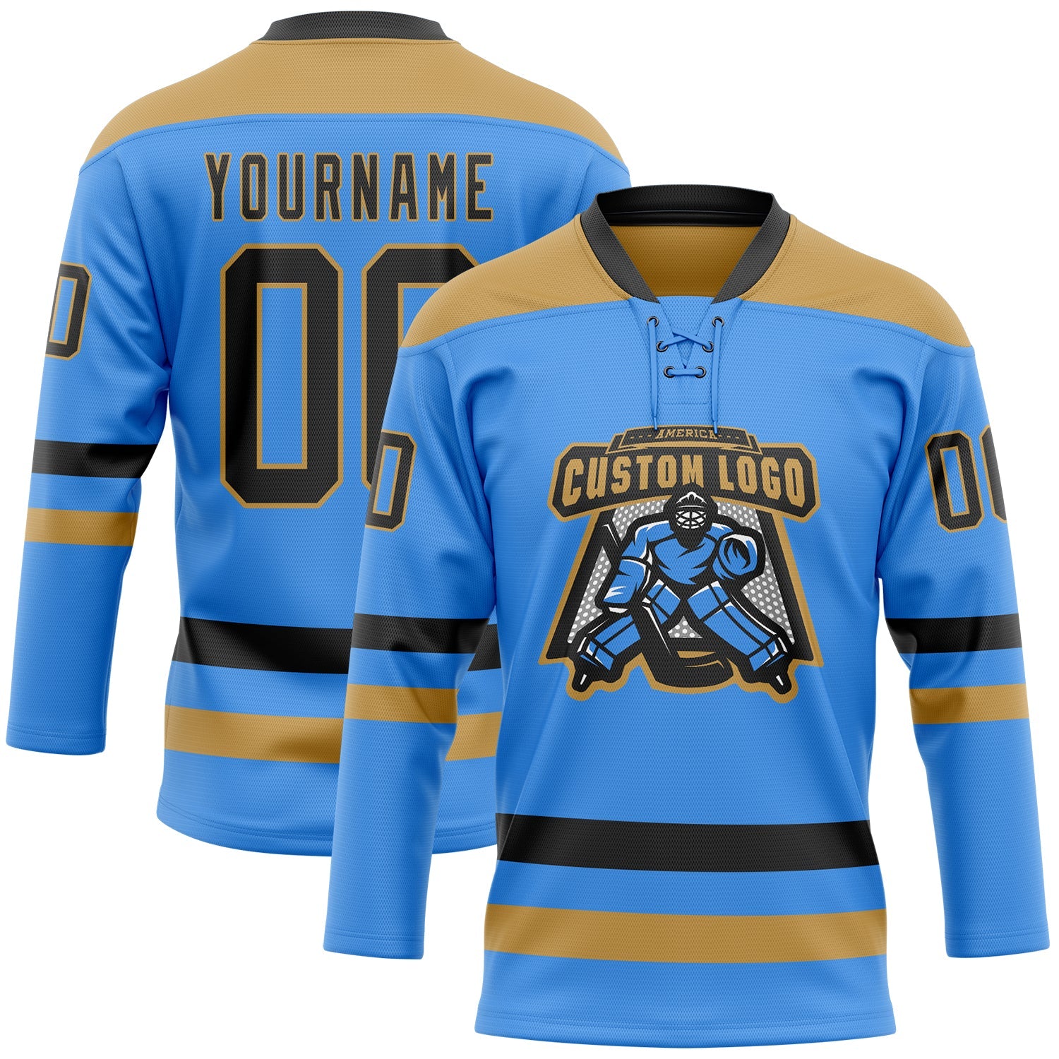 Custom Sky Blue Black-Old Gold Hockey Lace Neck Jersey view 2