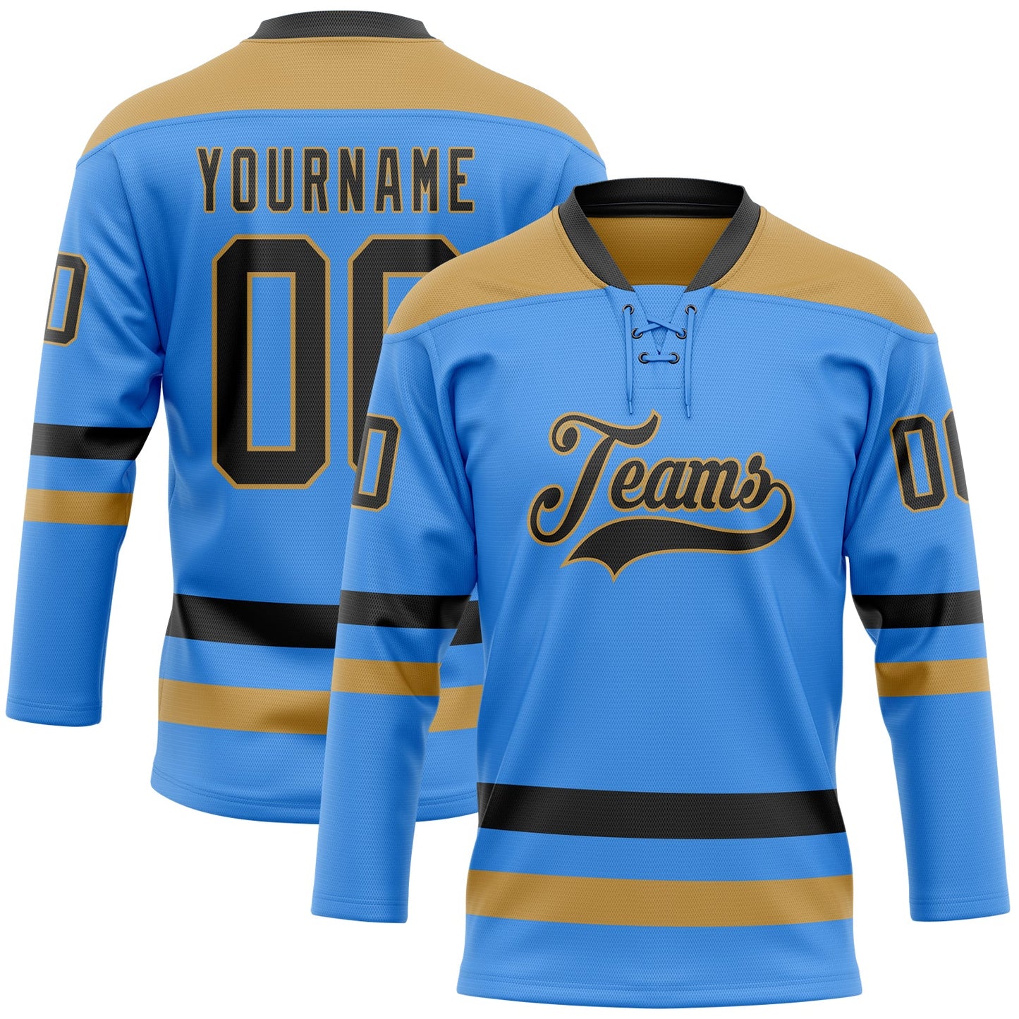 Custom Sky Blue Black-Old Gold Hockey Lace Neck Jersey - Main View