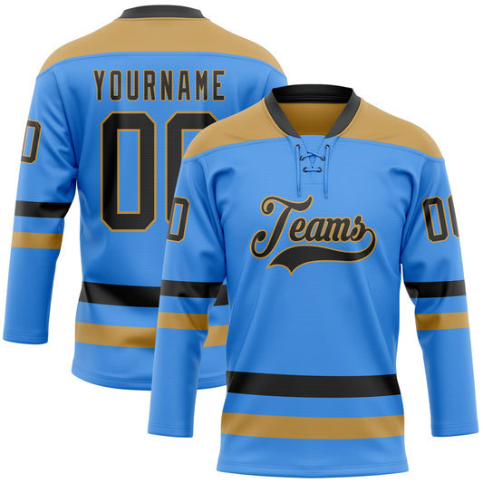 Custom Sky Blue Black-Old Gold Hockey Lace Neck Jersey - Main View