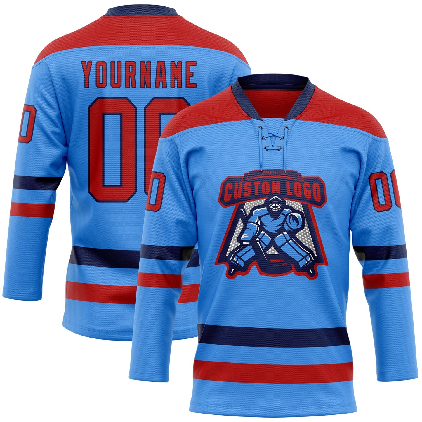 Custom Sky Blue Red-Navy Hockey Lace Neck Jersey view 2
