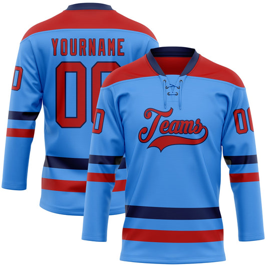 Custom Sky Blue Red-Navy Hockey Lace Neck Jersey - Main View