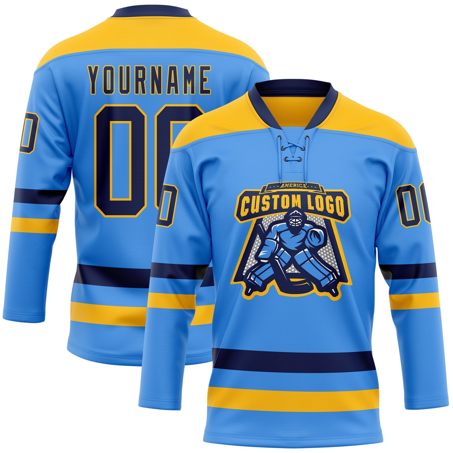 Custom Sky Blue Navy-Gold Hockey Lace Neck Jersey view 2