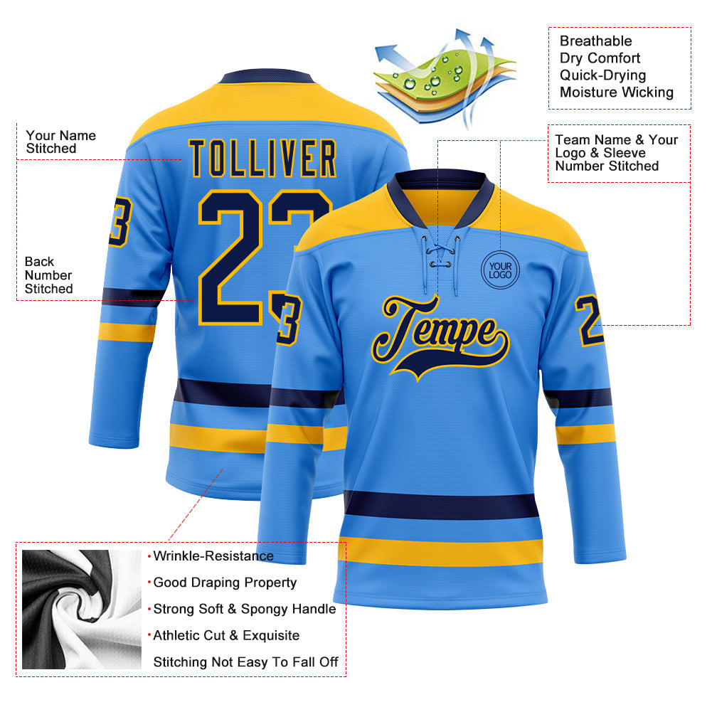 Custom Sky Blue Navy-Gold Hockey Lace Neck Jersey view 3