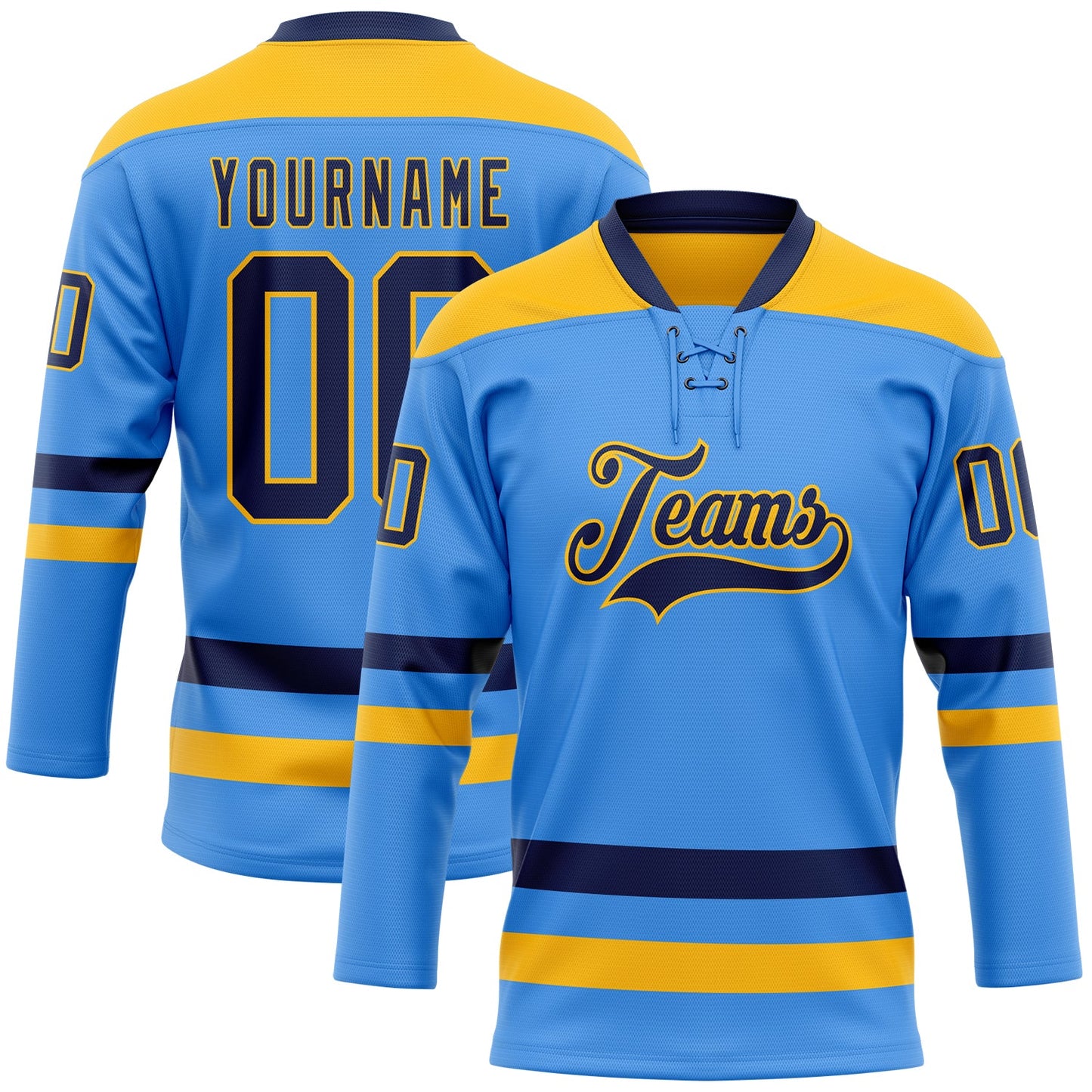Custom Sky Blue Navy-Gold Hockey Lace Neck Jersey - Main View