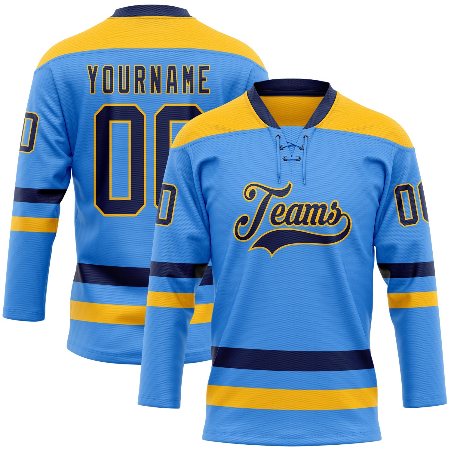 Custom Sky Blue Navy-Gold Hockey Lace Neck Jersey - Main View