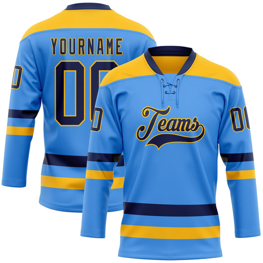 Custom Sky Blue Navy-Gold Hockey Lace Neck Jersey - Main View