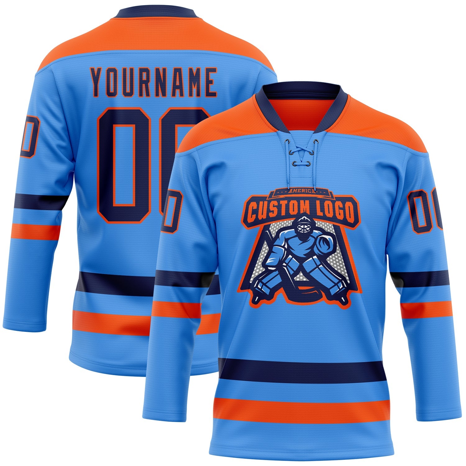 Custom Sky Blue Navy-Orange Hockey Lace Neck Jersey view 2