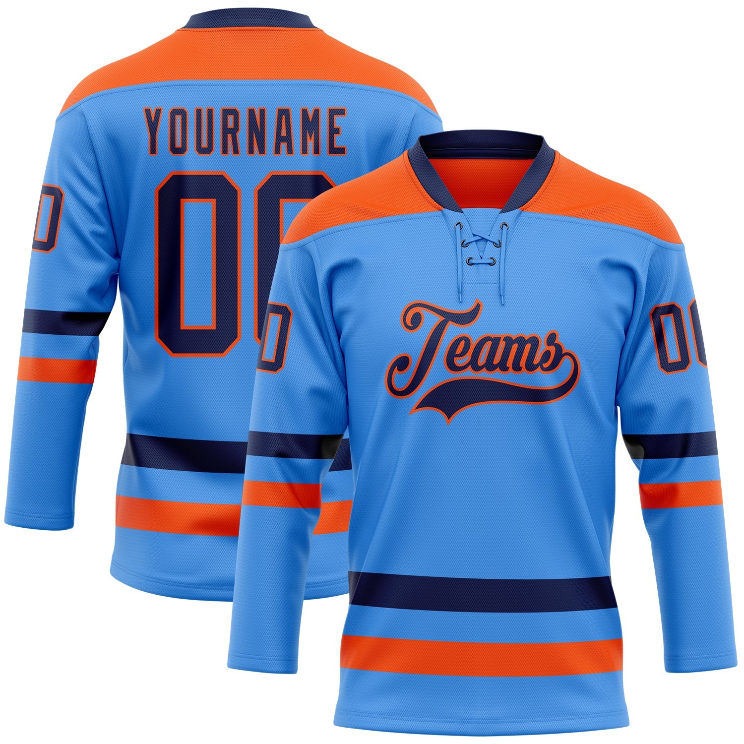Custom Sky Blue Navy-Orange Hockey Lace Neck Jersey - Main View