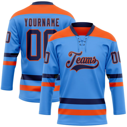 Custom Sky Blue Navy-Orange Hockey Lace Neck Jersey - Main View