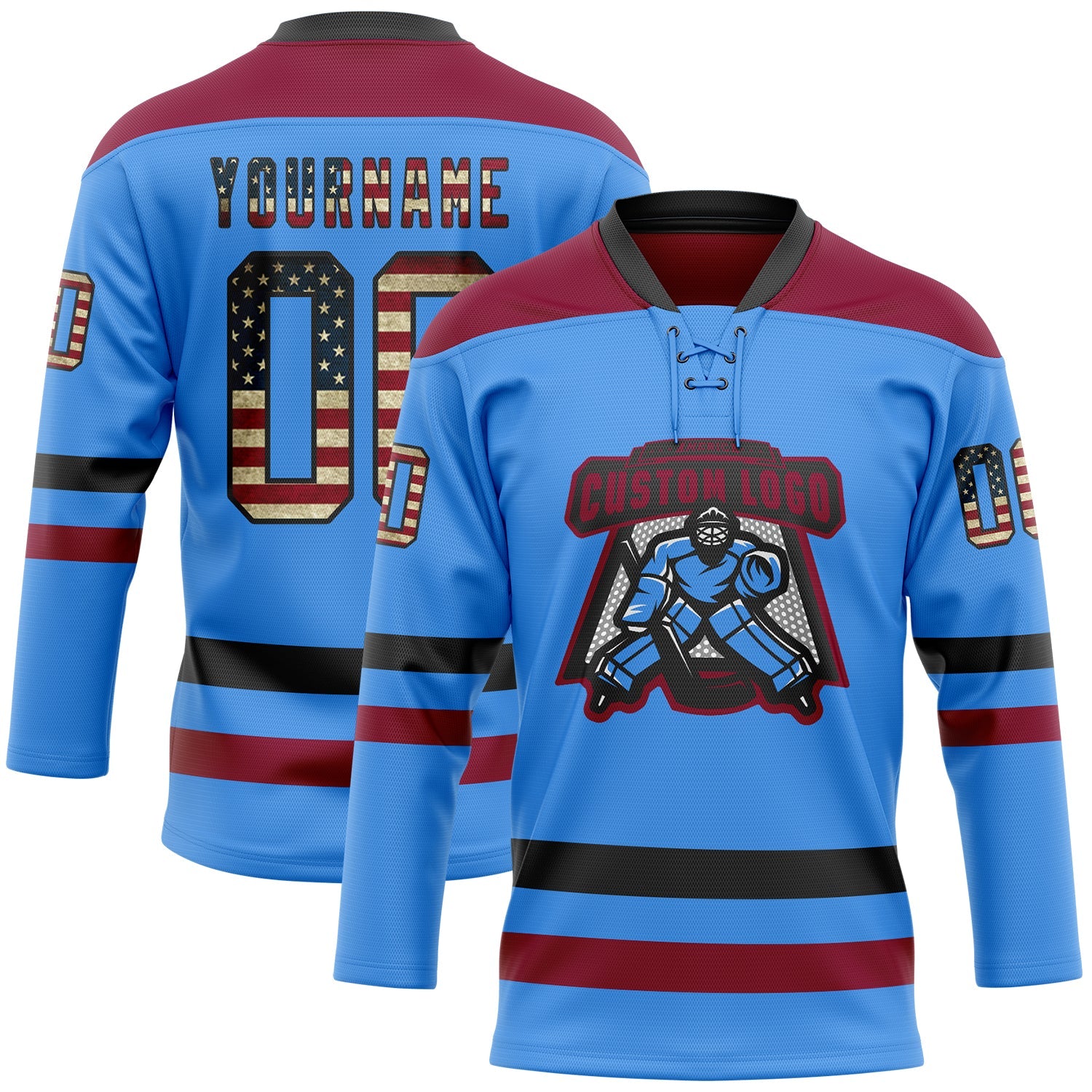 Custom Sky Blue Vintage USA Flag Black-Maroon Hockey Lace Neck Jersey view 2