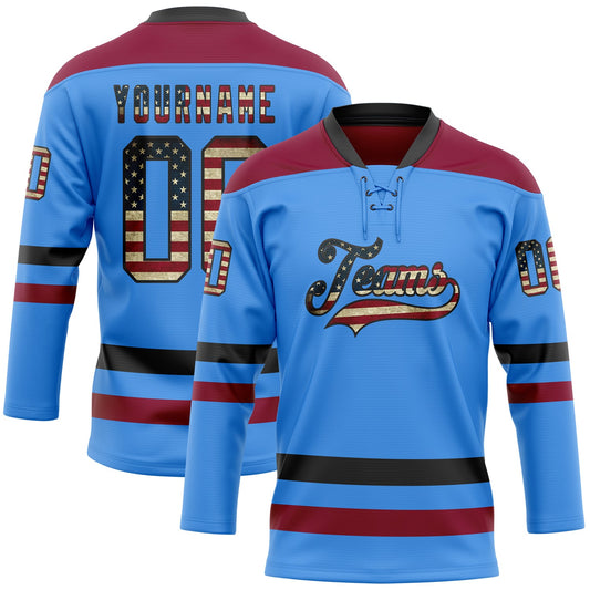 Custom Sky Blue Vintage USA Flag Black-Maroon Hockey Lace Neck Jersey - Main View