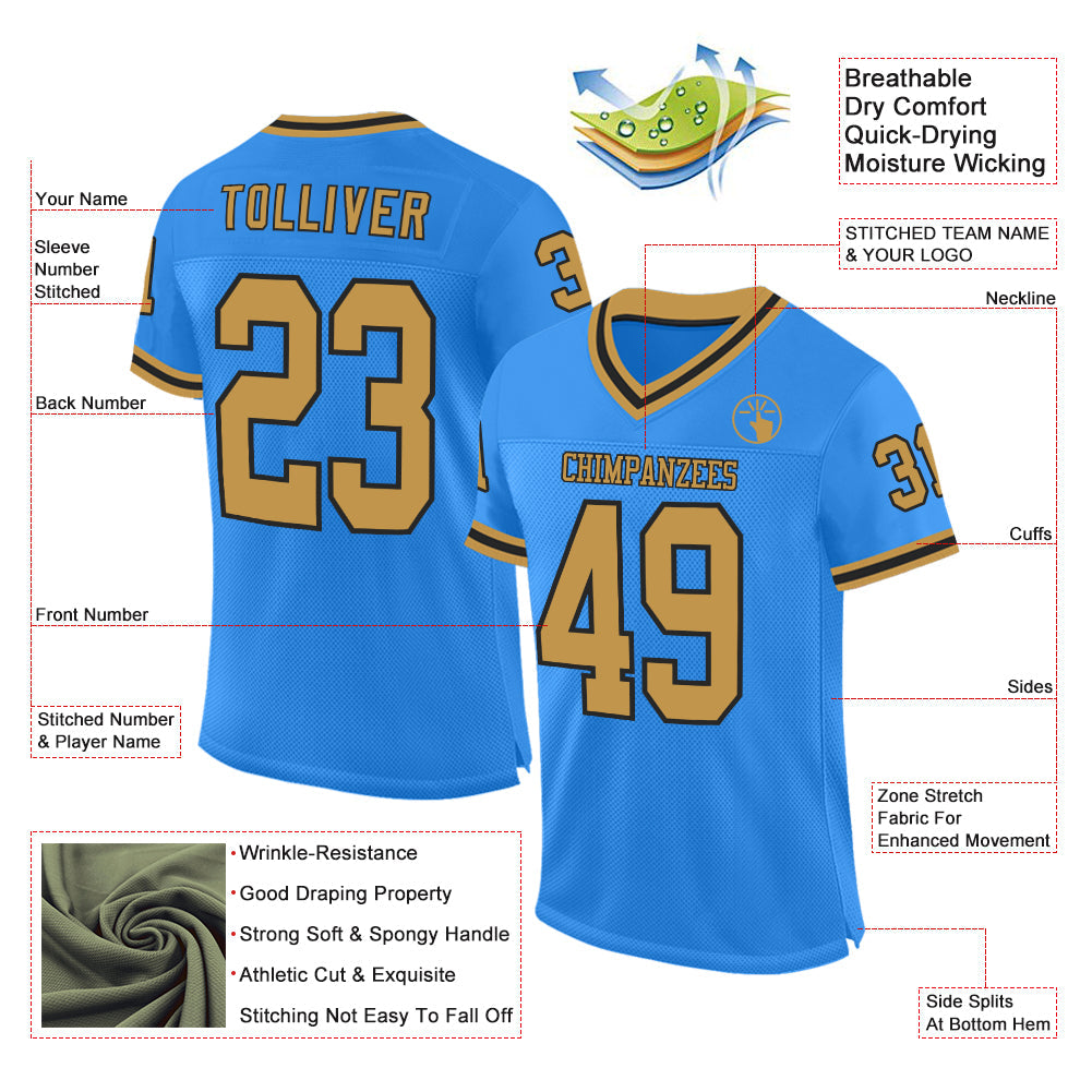 Custom Powder Blue Old Gold-Black Mesh Authentic Throwback Football Jersey view 2