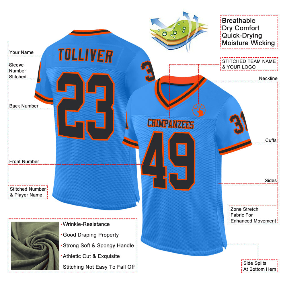 Custom Powder Blue Black-Orange Mesh Authentic Throwback Football Jersey view 2
