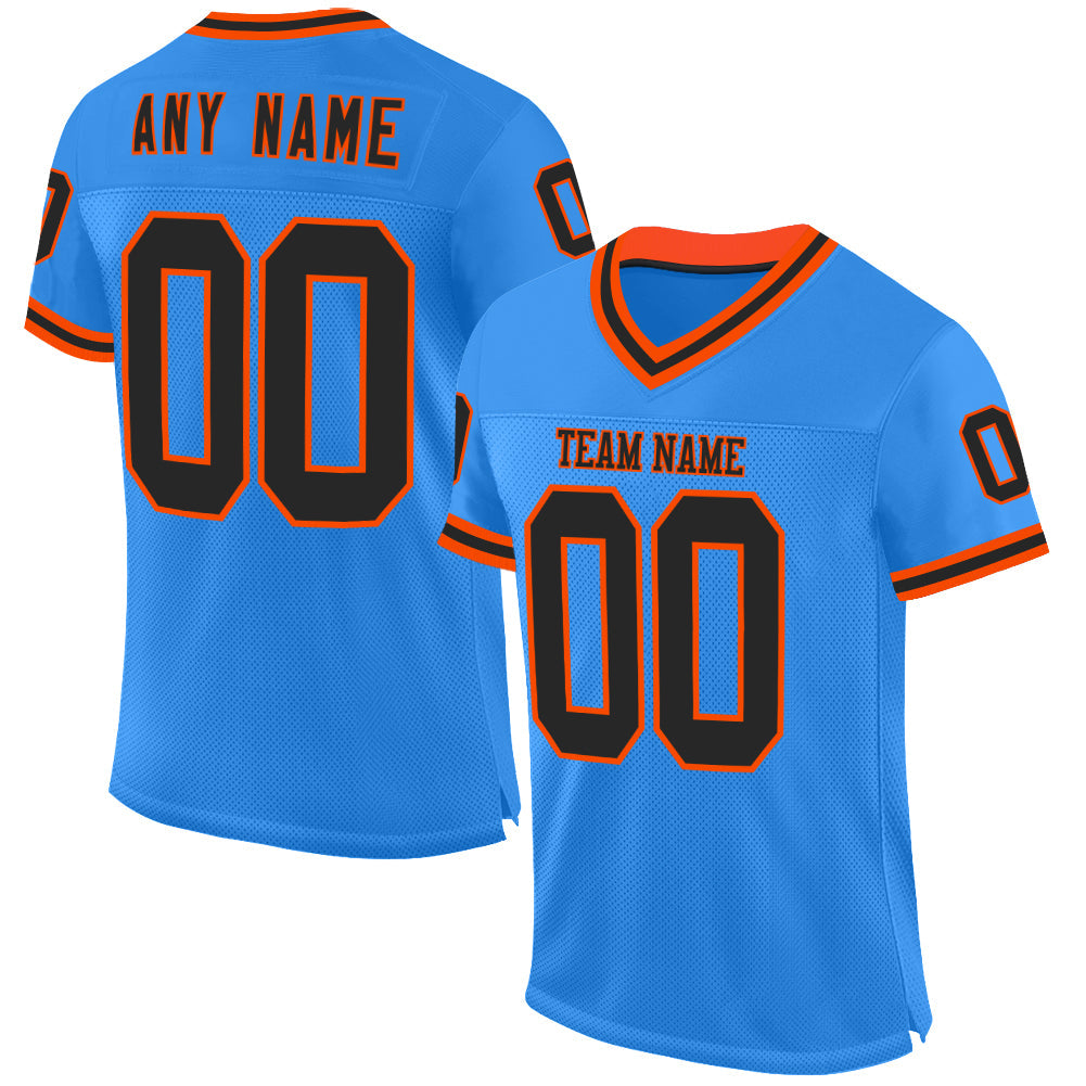 Custom Powder Blue Black-Orange Mesh Authentic Throwback Football Jersey - Main View